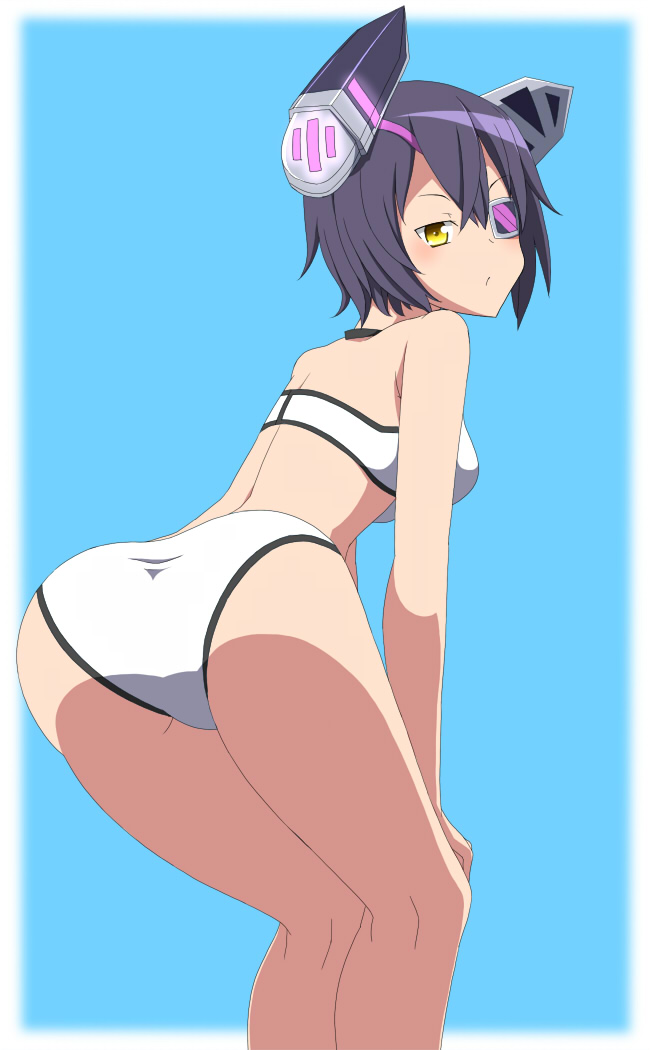 10s, 1girl, :/, ass, bent_over, bikini, blush, eyepatch