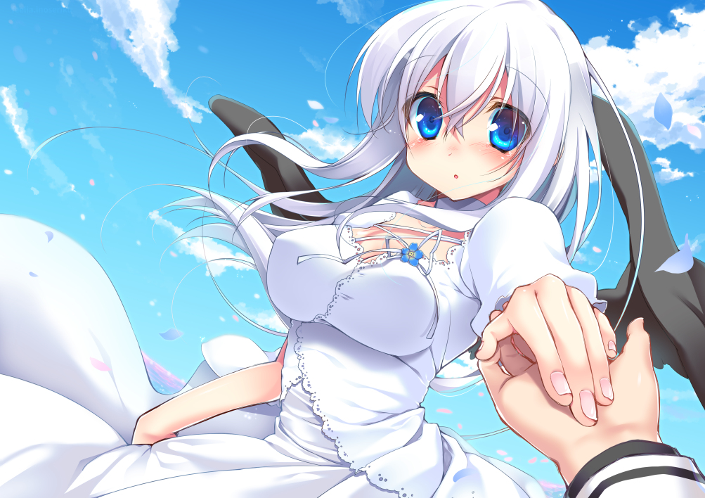 1girl, black_wings, blue_eyes, blush, breasts, cleavage, dress, fiira_(inose_riku), gradient_background, inose_riku, long_hair, looking_at_viewer, open_mouth, original, solo_focus, white_dress, white_hair, wings
