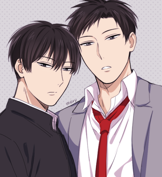 10s, 2boys, bad_id, bad_pixiv_id, black_hair, blazer, brothers, brown_eyes