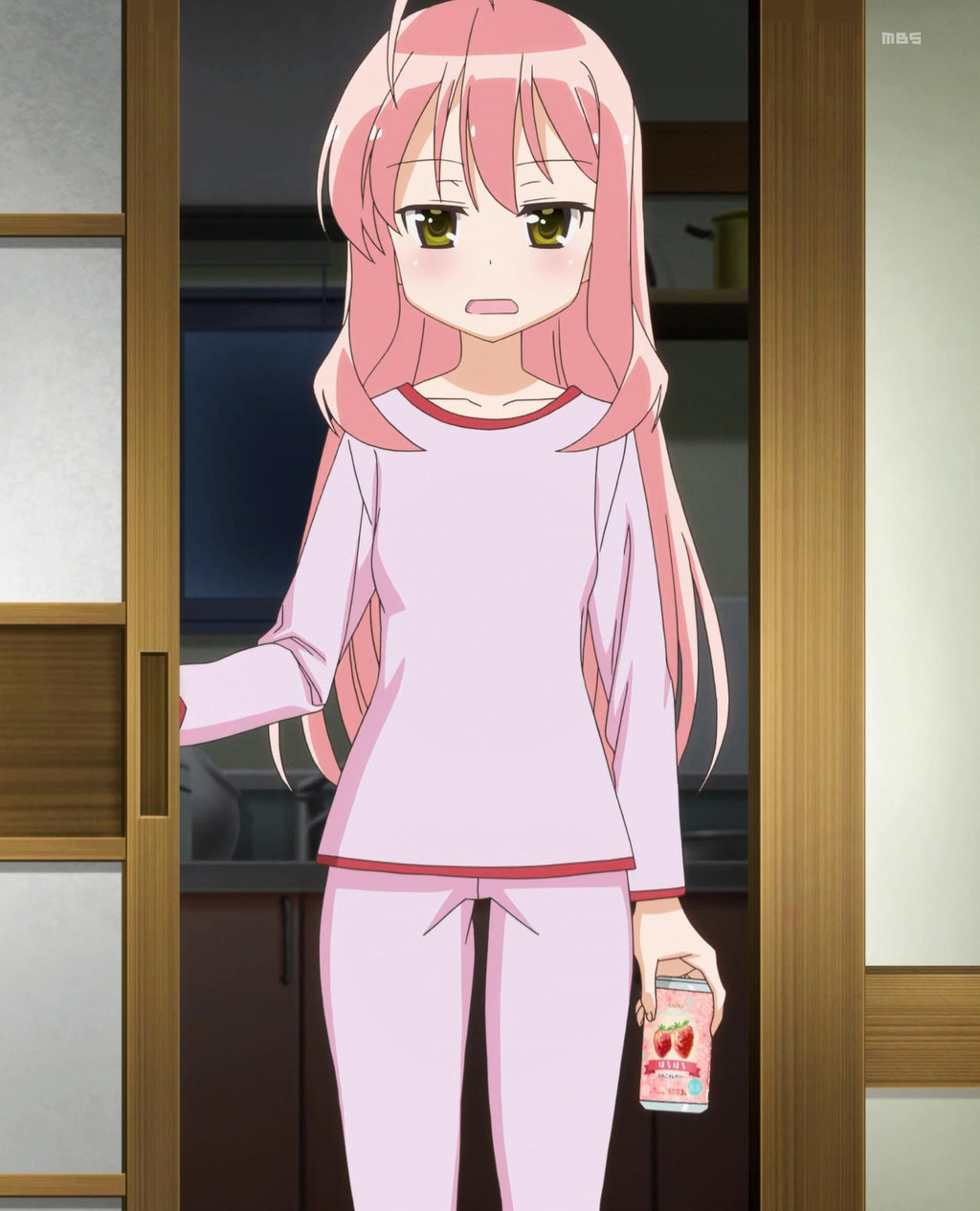 1girl, anime_screenshot, green_eyes, highres, long_hair, moesaki_ichigo, pajamas, pink_hair