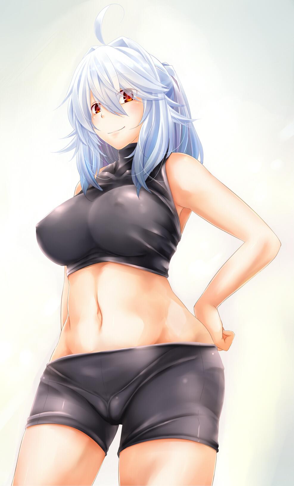 1girl, ahoge, bare_shoulders, bike_shorts, blue_hair, breasts, covered_erect_nipples, female_focus, gradient_background, highres, hodunomiya_mirai, large_breasts, long_hair, looking_at_viewer, midriff, navel, original, ponytail, red_eyes, smile, solo, standing, strelka_belca