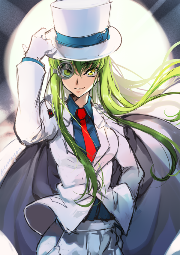 1girl, c.c., cape, code_geass, cosplay, creayus, female_focus, formal_clothes, gloves, green_hair, grin, hand_in_pocket, hat, kaitou_kid, kaitou_kid_(cosplay), long_hair, looking_at_viewer, meitantei_conan, monocle, necktie, phantom_thief, smile, solo, suit, top_hat, twitter_username, white_gloves, yellow_eyes