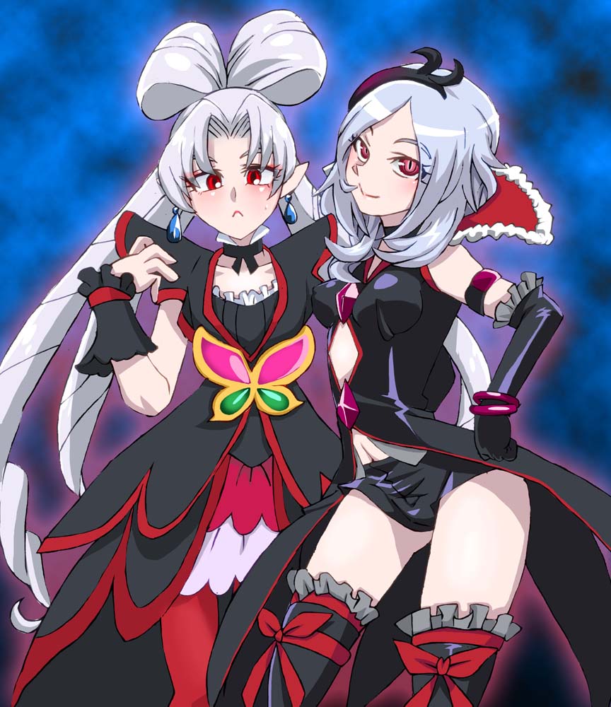 00s, 2girls, :<, akagi_towa, albino, black_gloves, black_legwear, black_neckwear