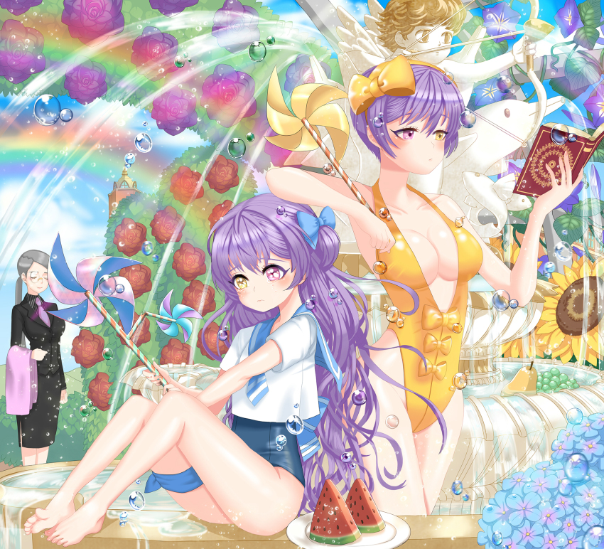 3girls, bad_id, bad_pixiv_id, barefoot, book, breasts, bush, butler