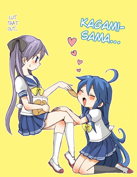 00s, 2girls, ahoge, begging, black_socks, blue_eyes, blue_hair, blush, closed_eyes, crossed_legs, embarrassed, feeding, food, frown, hair_ribbon, hard-translated, heart, hiiragi_kagami, izumi_konata, kneehighs, kneeling, long_hair, lucky_star, mole, multiple_girls, pleated_skirt, purple_hair, ribbon, sana_(memechi), school_uniform, simple_background, sitting, skirt, smile, socks, sweat, third-party_edit, translated, twintails, very_long_hair, white_legwear, yellow_background, yuri