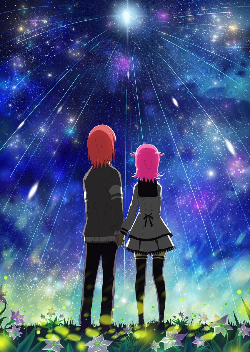 1boy, 1girl, bottle_(x890264), flower, gradient_background, hetero, highres, holding_hands