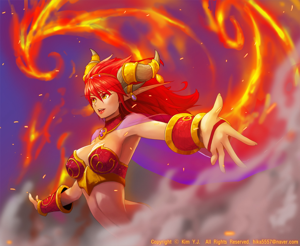 1girl, alexstrasza, armor, artist_name, bikini_armor, bracelet, breasts, cape