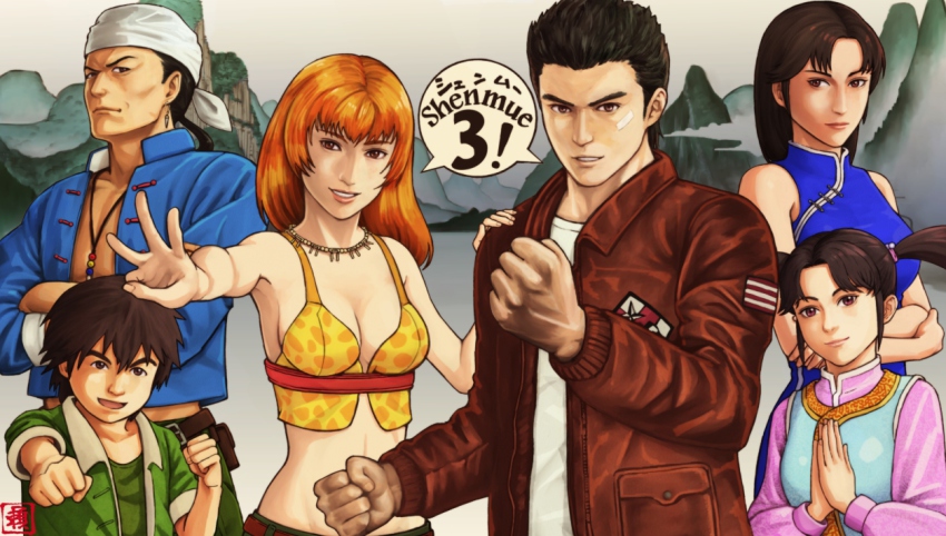 3boys, 3girls, :d, bad_id, bad_pixiv_id, bandaid, bandaid_on_face, black_hair, breasts, brown_eyes, brown_hair, cleavage, copyright_name, earrings, hazuki_ryou, hong_xiu_ying, jacket, jewelry, joy_(shenmue), lips, long_hair, middle_w, multiple_boys, multiple_girls, necklace, ni_xian_weng, open_mouth, palms_together, ren_wu_ying, shenmue, shenmue_iii, smile, twintails, w, xun_fang_mei, yorimitsu