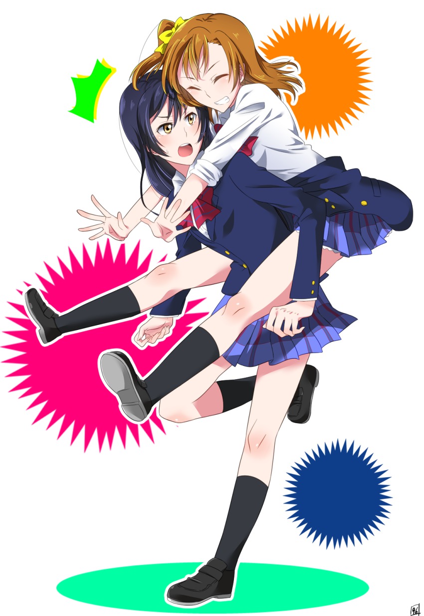 10s, 2girls, ^_^, annoyed, blazer, blue_eyes, blue_hair, brown_hair