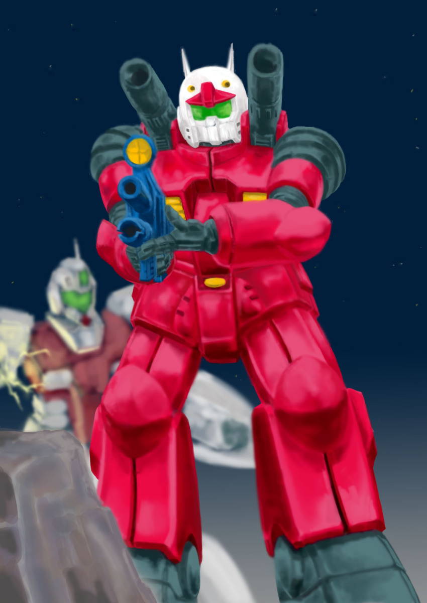 damaged, gm_command, gradient_background, gun, guncannon, gundam, highres, mecha