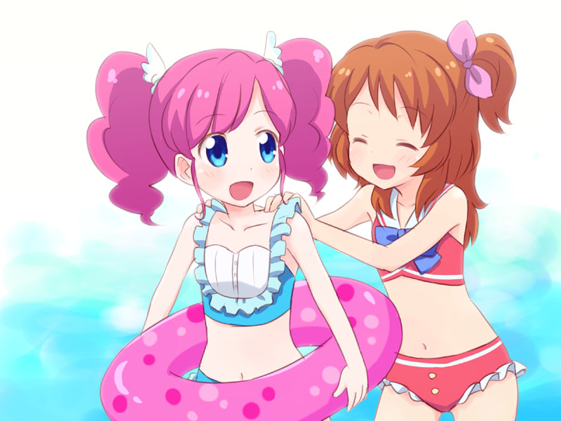 10s, 2girls, aikatsu!, aikatsu!_(series), amahane_madoka, bad_id, bad_pixiv_id, bikini, blue_eyes, brown_hair, closed_eyes, gradient_background, innertube, long_hair, mika-shi, mikashi, multiple_girls, one_side_up, ozora_akari, pink_hair, side_ponytail, swim_ring, swimsuit, twintails