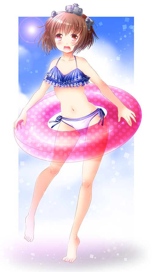 10s, 1girl, bad_id, bad_pixiv_id, barefoot, bikini, blush, brown_hair