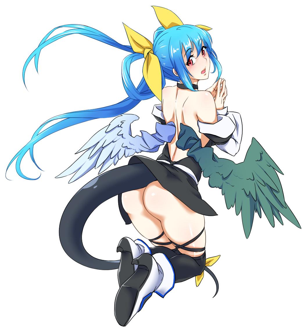 1girl, ass, asymmetrical_wings, back, bare_shoulders, blue_hair, blush, dizzy_(guilty_gear)