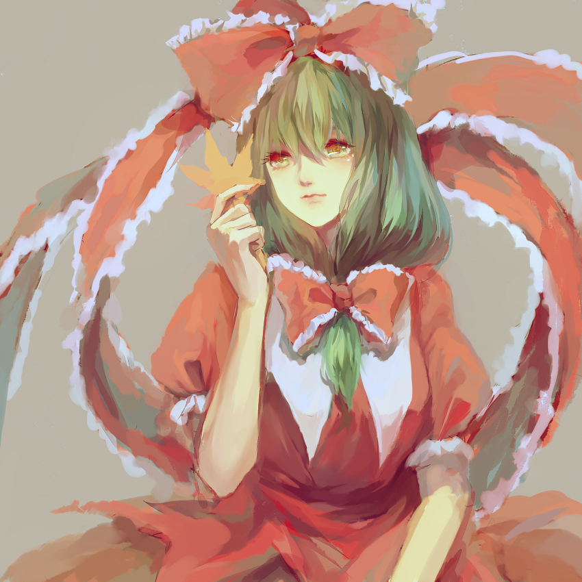 1girl, bow, dress, female_focus, front_ponytail, green_eyes, green_hair, hair_bow