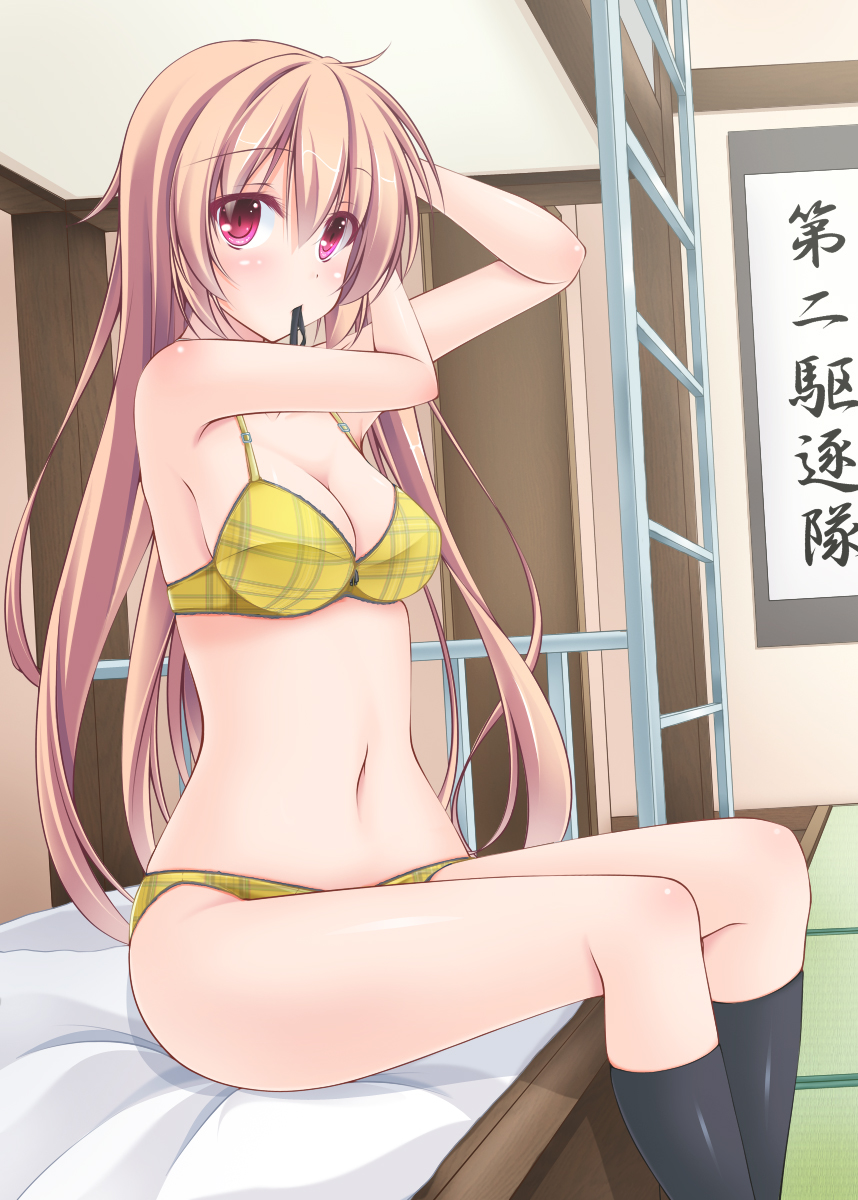 10s, 1girl, adjusting_clothes, adjusting_headwear, bed, blush, bra, breasts, bunk_bed, female_focus, hair_down, hat, highres, kantai_collection, ladder, looking_at_viewer, mouth_hold, murasame_(kancolle), panties, pink_eyes, plaid_bra, plaid_clothes, plaid_panties, sitting, socks, solo, underwear, underwear_only, wata_(akawata), yellow_bra, yellow_panties