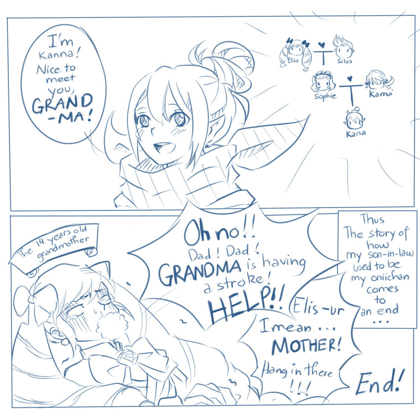 2girls, comic, crying, earrings, elise_(fire_emblem), fainting, family, female_focus, female_kana_(fire_emblem), fire_emblem, fire_emblem_fates, highres, jewelry, male_corrin_(fire_emblem), monochrome, multiple_girls, nintendo, ribbon, silas_(fire_emblem), sophie_(fire_emblem)