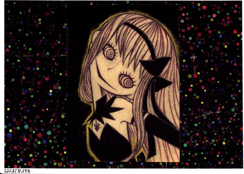 10s, 1girl, akemi_homura, akuma_homura, clara_dolls_(madoka_magica), crazy_eyes, creepy, female_focus, gekidan_inu_curry, horror_(theme), long_hair, mahou_shoujo_madoka_magica, mahou_shoujo_madoka_magica:_hangyaku_no_monogatari, official_art, ribbon, simple_background, solo, spoilers