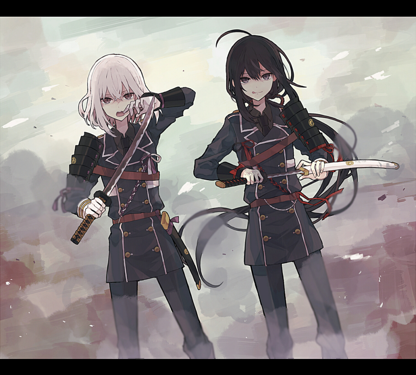 10s, 2boys, ahoge, aizawa_mota, armor, buttons, double-breasted, dutch_angle