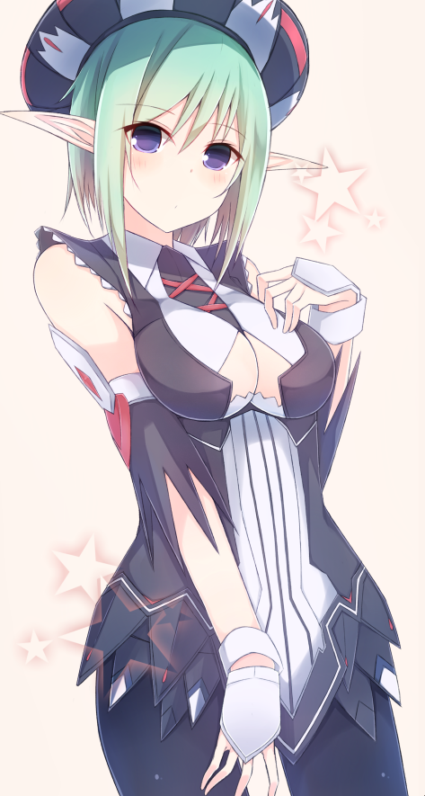 1girl, bad_id, bad_pixiv_id, bare_shoulders, black_legwear, breasts, cleavage, cleavage_cutout, clothing_cutout, detached_sleeves, female_focus, green_hair, hand_on_own_chest, hat, kurebayashi_noe, medium_breasts, melfonseana, melrandia, phantasy_star, phantasy_star_online_2, pointy_ears, purple_eyes, simple_background, solo, star_(symbol), yellow_background