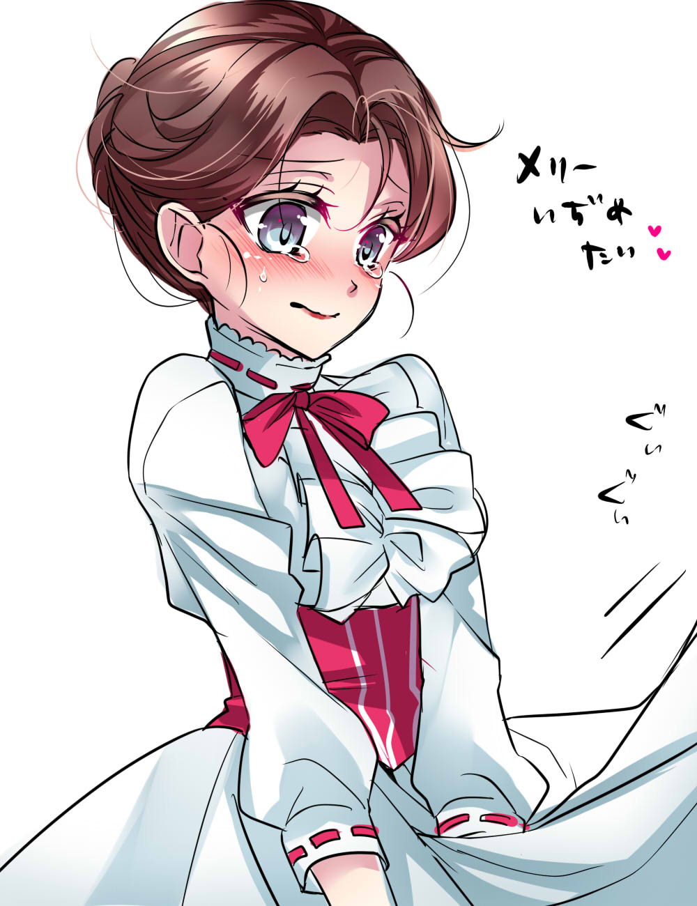 1girl, blush, bow, brown_hair, bullying, crying, disney, dress, female_focus, heart, highres, japanese_text, kokuchuutei, mary_poppins, mary_poppins_(character), ribbon, simple_background, solo, teardrop, tears, translated, white_background, white_dress