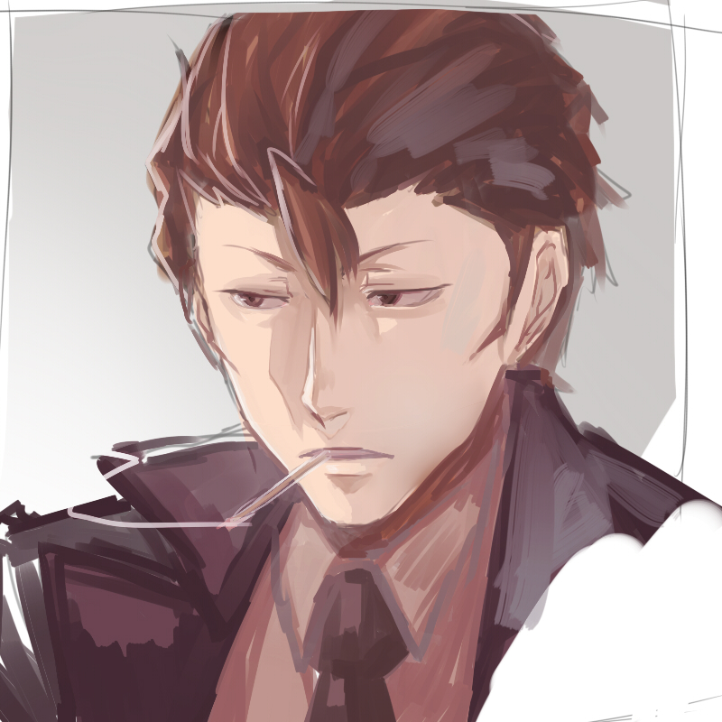 1boy, avvo_(ekireikirei), baccano!, brown_hair, gradient_background, half-closed_eyes, looking_away, luck_gandor