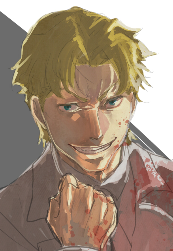 1boy, avvo_(ekireikirei), baccano!, blonde_hair, blood, blood_splatter, clenched_hand, formal_clothes