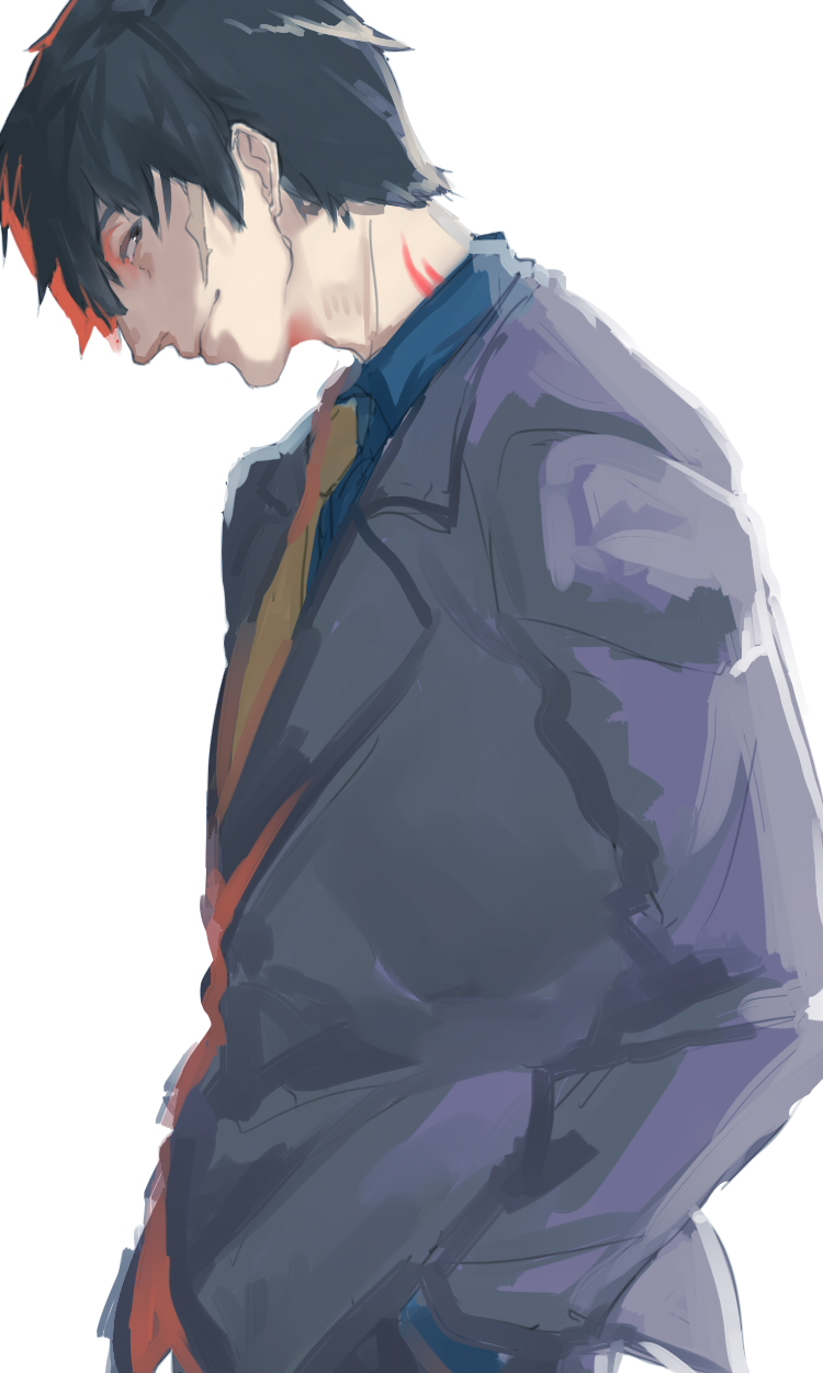 1boy, aqua_eyes, avvo_(ekireikirei), black_hair, formal_clothes, hands_in_pockets, highres, kekkai_sensen