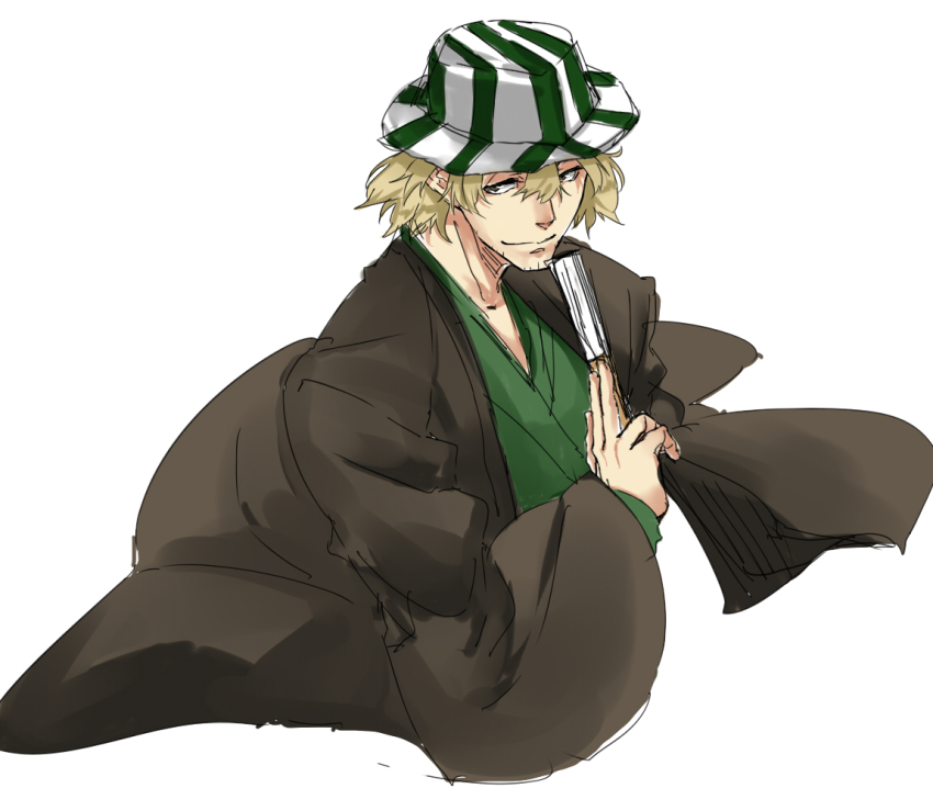 1boy, avvo_(ekireikirei), bleach, blonde_hair, facial_hair, hand_fan, hat, looking_at_viewer