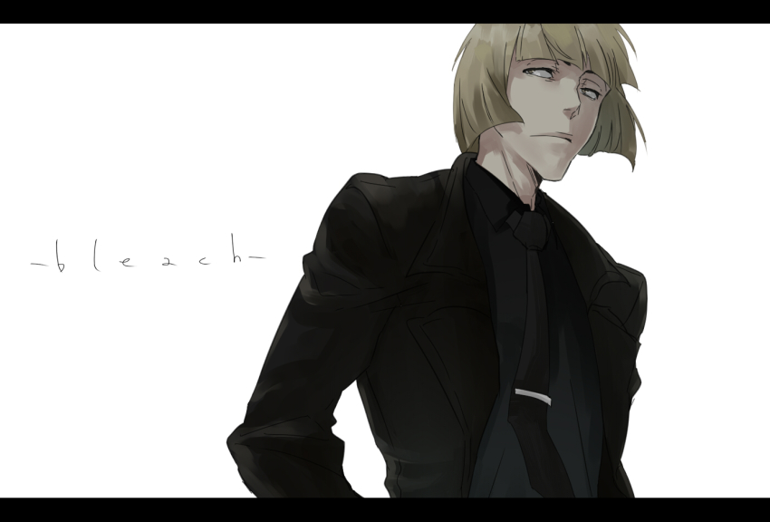 1boy, alternate_costume, avvo_(ekireikirei), bleach, blonde_hair, bob_cut, copyright_name, formal_clothes, hands_in_pockets, hirako_shinji, letterboxed, looking_away, male_focus, simple_background, solo