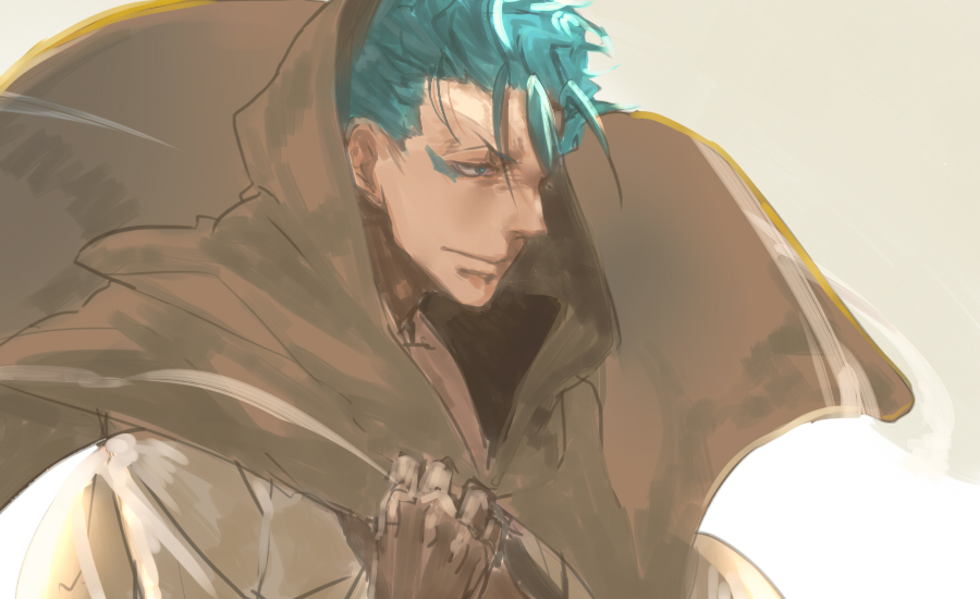 1boy, avvo_(ekireikirei), bleach, blue_hair, cloak, expressionless, grimmjow_jaegerjaquez, looking_away