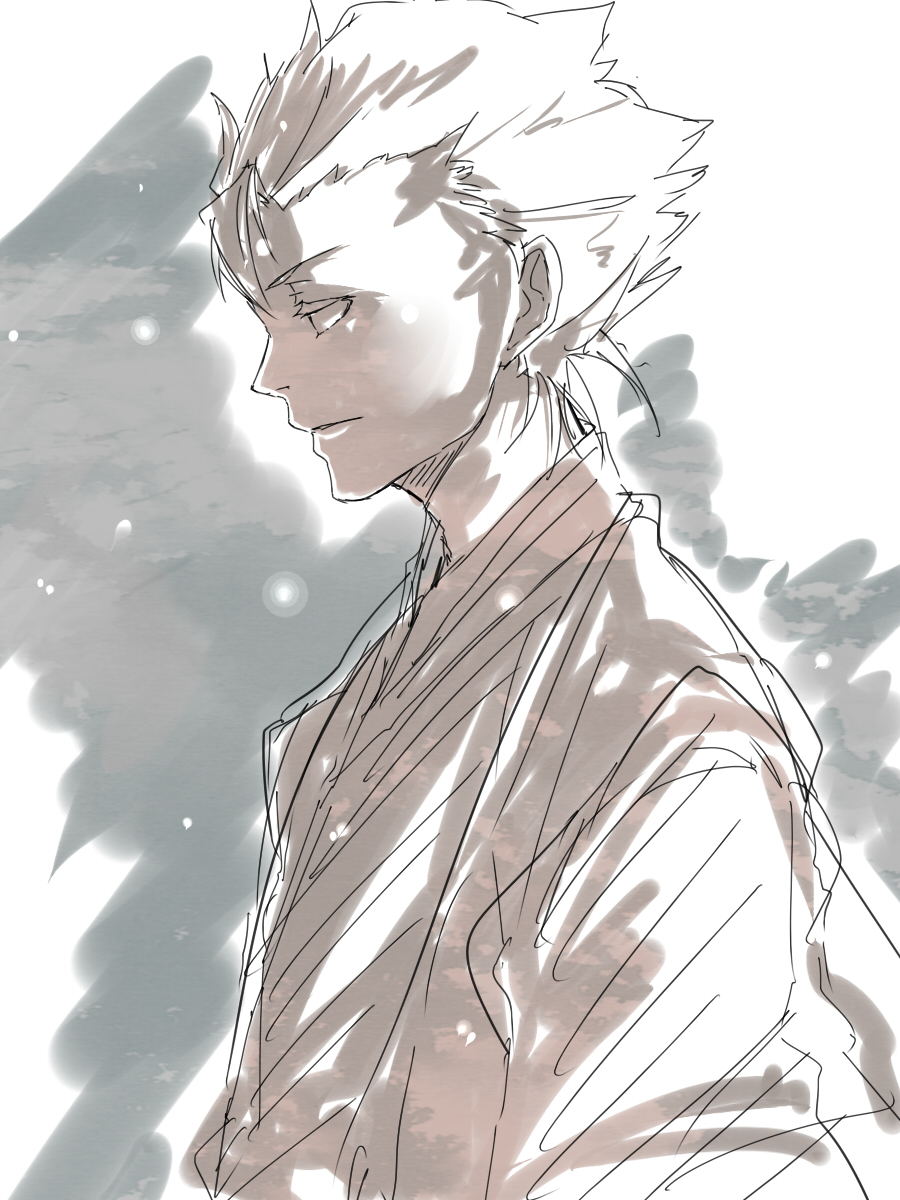 1boy, avvo_(ekireikirei), bleach, highres, hitsugaya_toushirou, looking_away, male_focus, monochrome