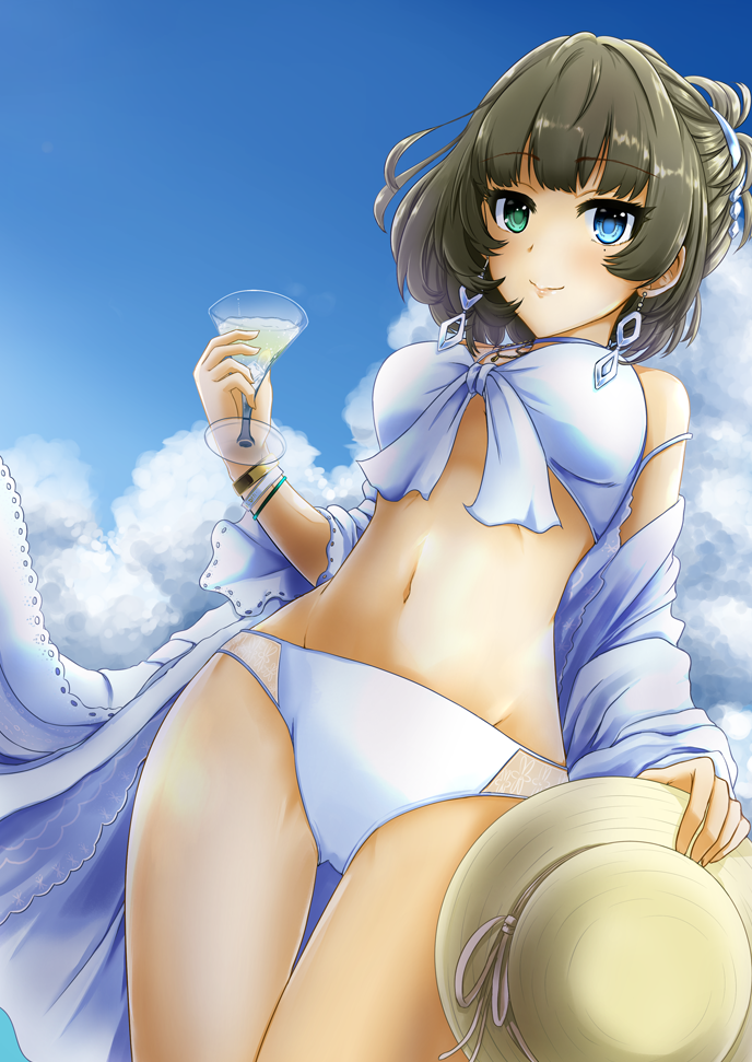 10s, 1girl, alcohol, bikini, blue_eyes, breasts, brown_hair, female_focus