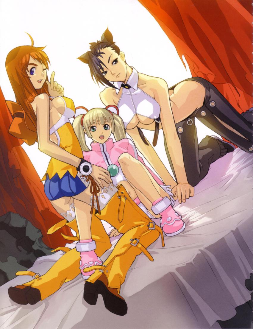 00s, 3girls, absurdres, all_fours, amy_(bakuretsu_tenshi), ass, bakuretsu_tenshi, bed, breasts, butt_crack, downpants, hakua_ugetsu, highres, medium_breasts, meg_(bakuretsu_tenshi), midriff, multiple_girls, official_art, one_eye_closed, sei_(bakuretsu_tenshi), sideboob, smile, thighhighs, twintails, underboob, wink