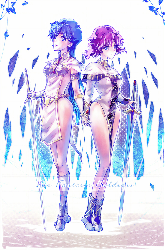 2girls, asou_yuuko, belt, blue_eyes, blue_hair, boots, bridal_gauntlets, dark_valis_sword