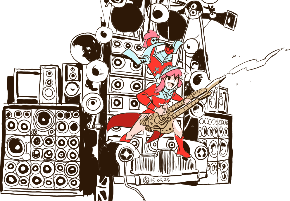 >:d, 1girl, :d, band_uniform, eun_dari, flamethrower, guitar, hat