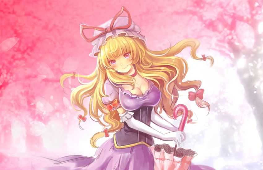 1girl, backlighting, blush, bow, breasts, cherry_blossoms, choker, cleavage