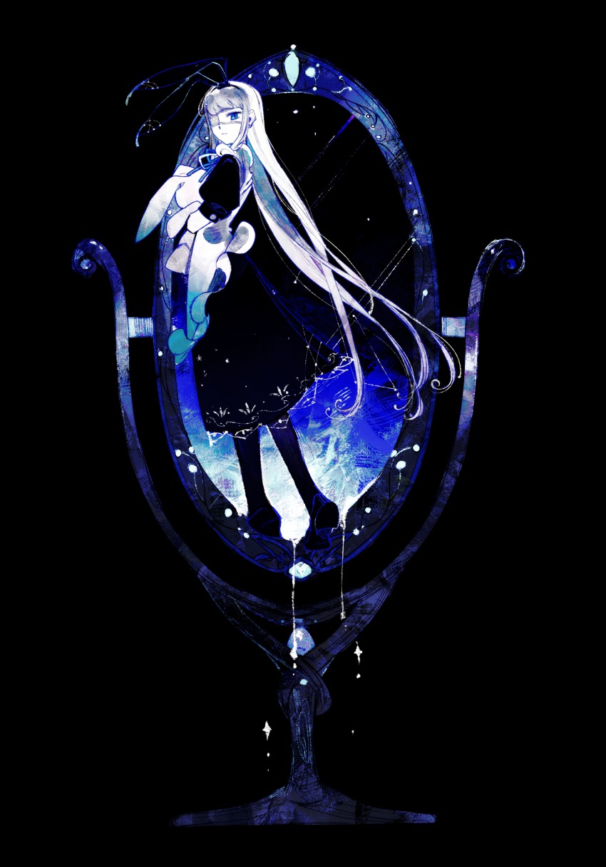 1girl, animal_ears, apron, bad_id, bad_pixiv_id, black_background, black_dress, black_pantyhose