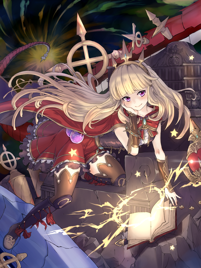 10s, 1girl, blonde_hair, blush, book, boots, cagliostro_(granblue_fantasy), cape