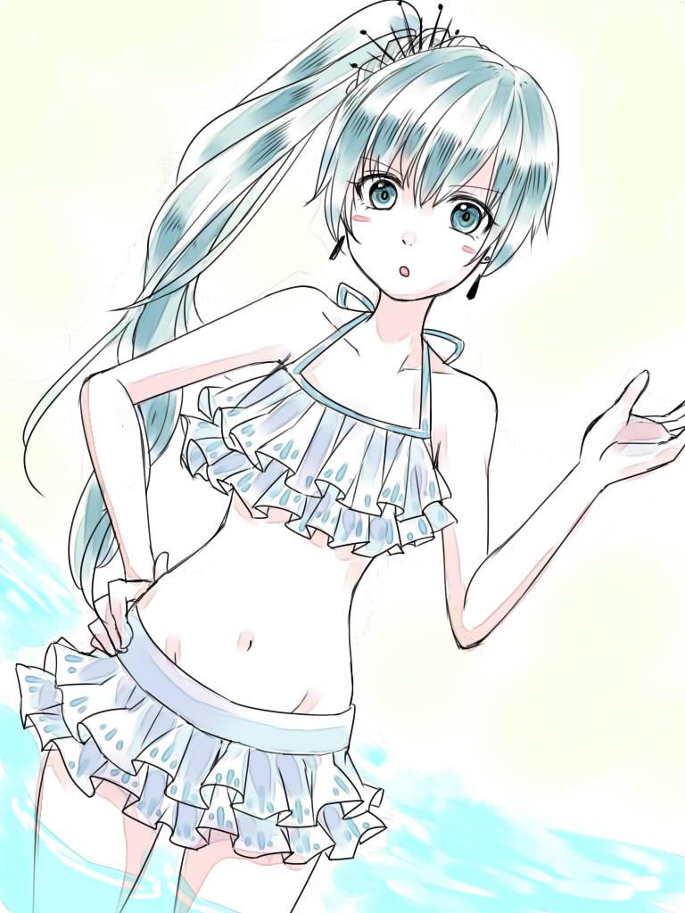 1girl, bikini, blue_eyes, female_focus, gradient_background, long_hair, moromoimaru, ponytail