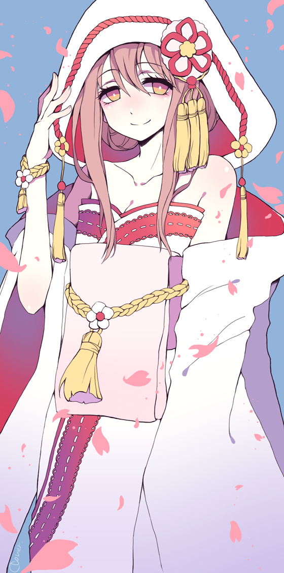 10s, 1girl, alternate_costume, bare_shoulders, brown_hair, female_focus, hood, japanese_clothes