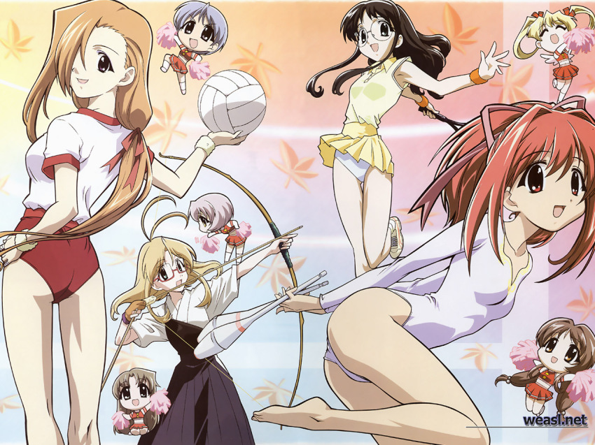 00s, 6+girls, antenna_hair, archery, ass, ball, barefoot, bow_(weapon)