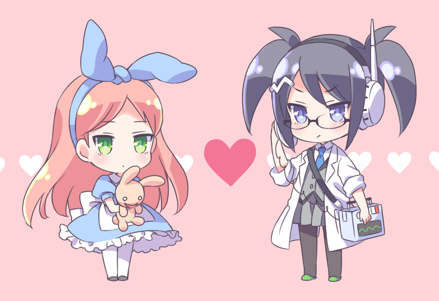 2girls, :/, alicia_(pop'n_music), bemani, black_hair, black_legwear, blue_eyes, blush