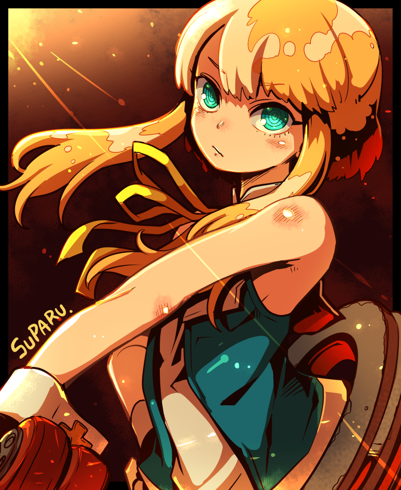 1boy, artist_name, blonde_hair, blue_eyes, bridget_(guilty_gear), gloves, gradient_background, guilty_gear