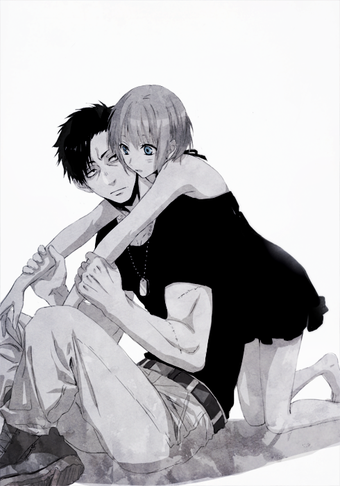 10s, 1boy, 1girl, bad_id, bad_pixiv_id, black_hair, blue_eyes, conb-cat