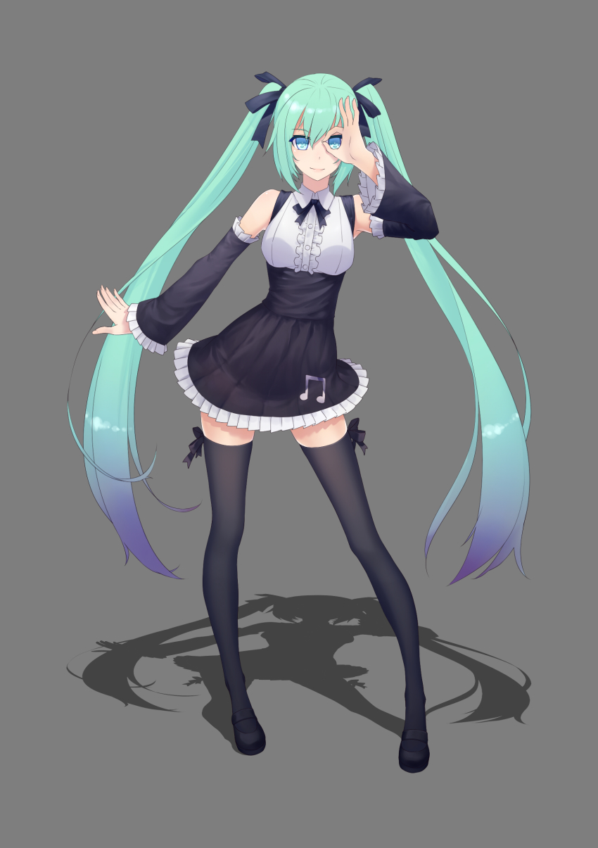 1girl, absurdres, aqua_eyes, aqua_hair, beamed_quavers, breasts, contrapposto, detached_sleeves, female_focus, frills, full_body, gradient_hair, grey_background, hair_ribbon, hatsune_miku, hatsune_miku_(gothic_module), highres, long_hair, looking_at_viewer, medium_breasts, multicolored_hair, musical_note, project_diva, project_diva_(series), rekaerb_maerd, ribbon, shadow, simple_background, smile, solo, standing, thighhighs, twintails, very_long_hair, vocaloid, zettai_ryouiki
