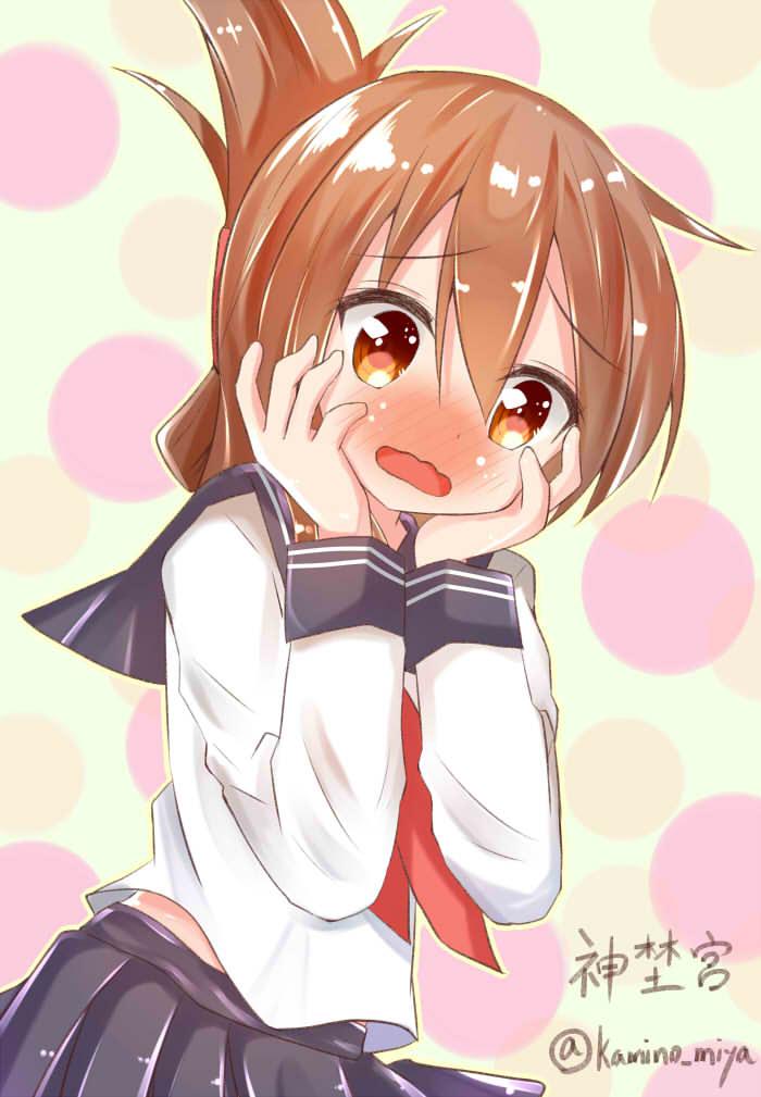 10s, 1girl, artist_name, blush, brown_eyes, brown_hair, embarrassed, female_focus, folded_ponytail, hands_on_own_face, inazuma_(kancolle), kamino_miya, kantai_collection, long_sleeves, neckerchief, nose_blush, open_mouth, pleated_skirt, polka_dot, polka_dot_background, sailor_collar, school_uniform, shirt, skirt, solo, twitter_username, wavy_mouth