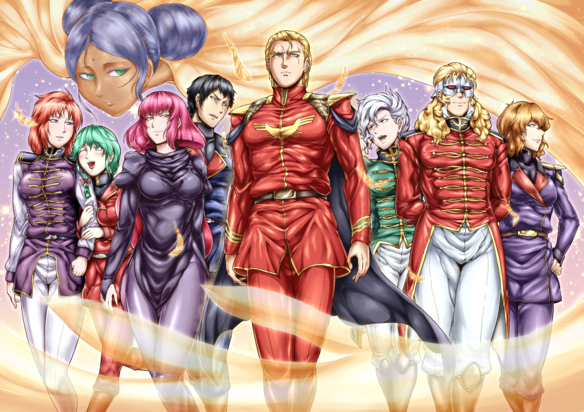 3boys, 6+girls, angelo_sauper, blush, bodysuit, bow, braid, breasts, char's_counterattack, char_aznable, feathers, full_frontal, gradient_background, gundam, gundam_unicorn, gyunei_guss, hair_bow, haman_karn, highres, lalah_sune, marida_cruz, mask, military, military_uniform, multiple_boys, multiple_girls, quess_paraya, rezin_schnyder, sagattoru, short_hair, single_braid, skin_tight, smile, zeta_gundam