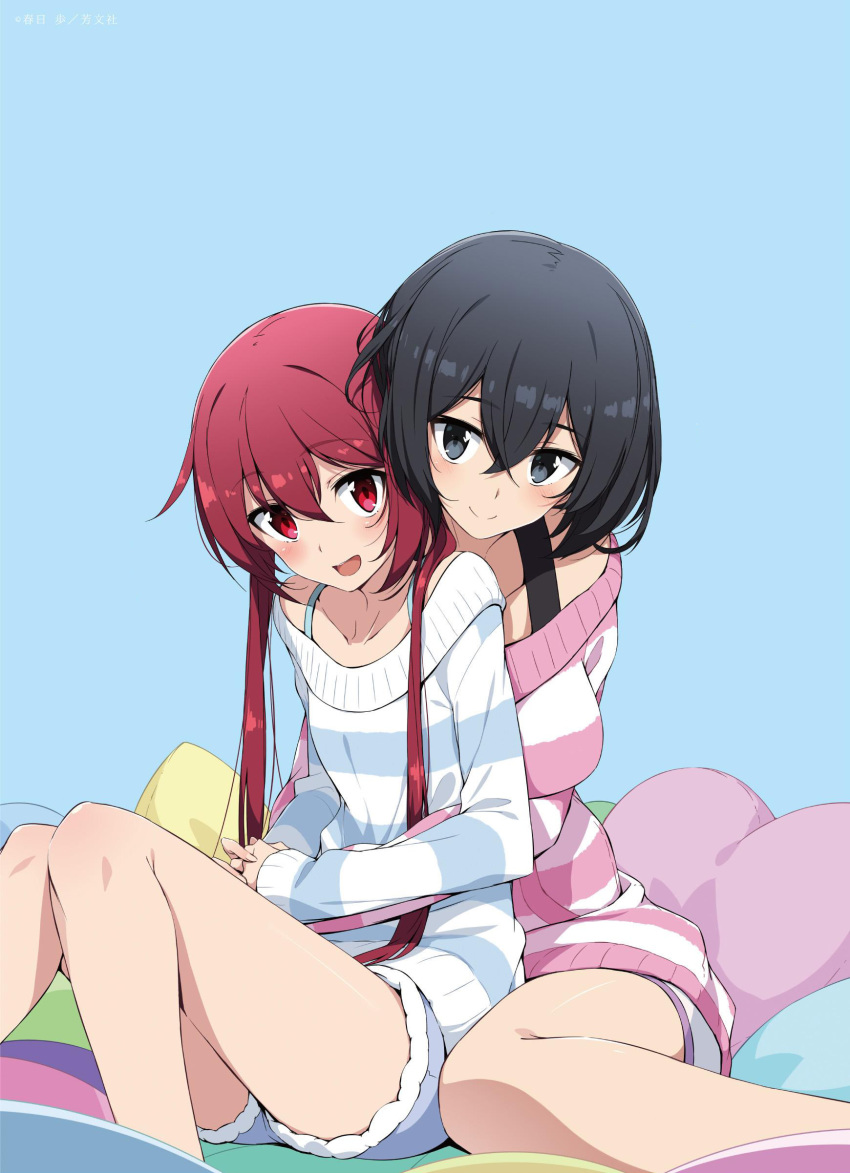 10s, 2girls, :d, absurdres, black_hair, blue_eyes, breasts, highres