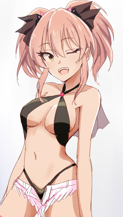 10s, 1girl, ;d, bad_id, bad_pixiv_id, bikini, black_bikini, bow