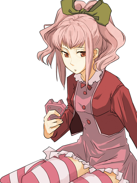 00s, 1girl, anya_alstreim, bad_id, bad_pixiv_id, bow, code_geass, dress, expressionless, female_focus, hair_bow, jacket, pink_hair, pink_thighhighs, red_eyes, short_dress, short_hair, sitting, solo, sora_(artist), sora_(firstaid), striped_clothes, striped_thighhighs, thighhighs